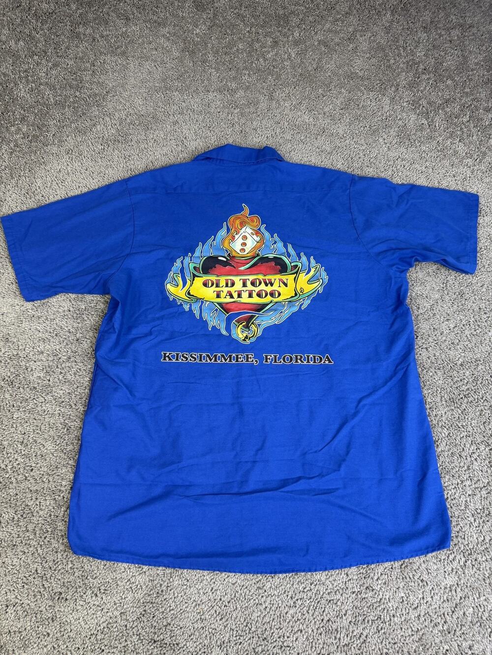 Old Town Tattoo Shirt Mens L Blue Heart Flames Florida Short Sleeve Button Up